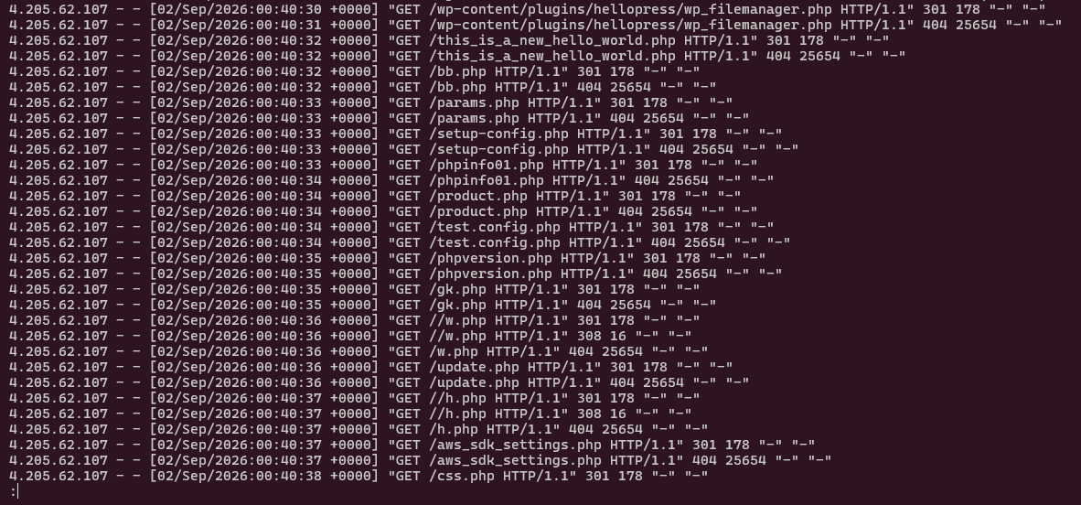 Nginx access log showing suspicious PHP requests